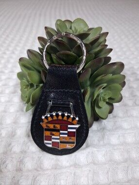 Vintage '70's Cadillac Black Leather Keychain w/Cloisonne Enamel Crest
